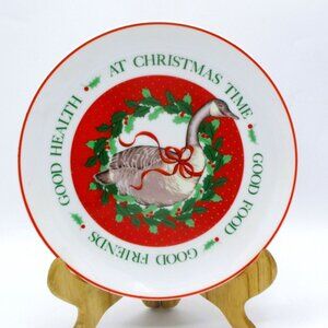 Vtg 1985 Christmas Goose Plate "Good Health Good Friends Good Food" Holly Wreath